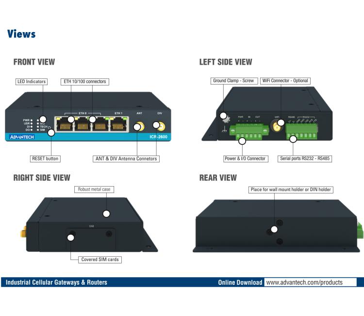 研華ICR-2631W ICR-2600, EMEA, 4x Ethernet , 1x RS232, 1x RS485, Wi-Fi, Metal, Without Accessories