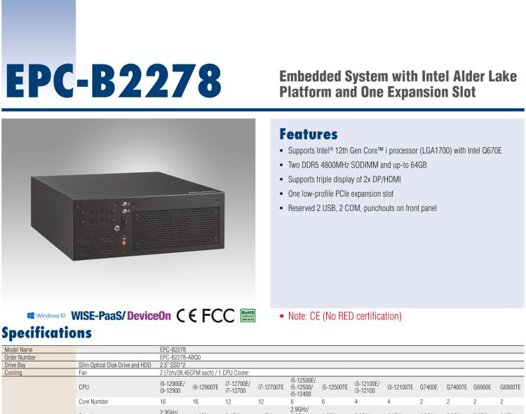 研華EPC-B2278 適配Intel 第12代 Core i 系列處理器，搭載Q670E芯片組。2U高度，精簡尺寸，性能強(qiáng)勁，是小尺寸高性能場景的理想解決方案。