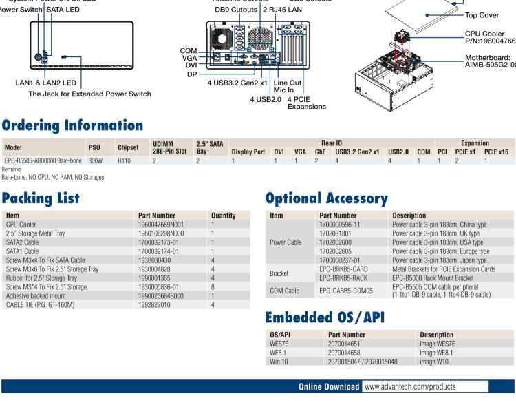 研華EPC-B5505 適配Intel? 第6/7代 Core ? i/Xeon E3系列處理器，搭載H110芯片組。標準4U上架，廣泛適用于各種行業(yè)。