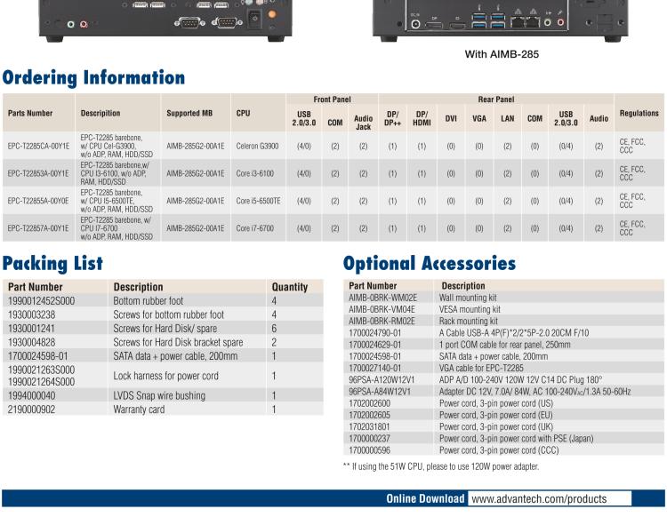 研華EPC-T2285 適配Intel? 第6/7代 Core? i 系列處理器，搭載H110芯片組。1U超薄高度，性能強(qiáng)勁。