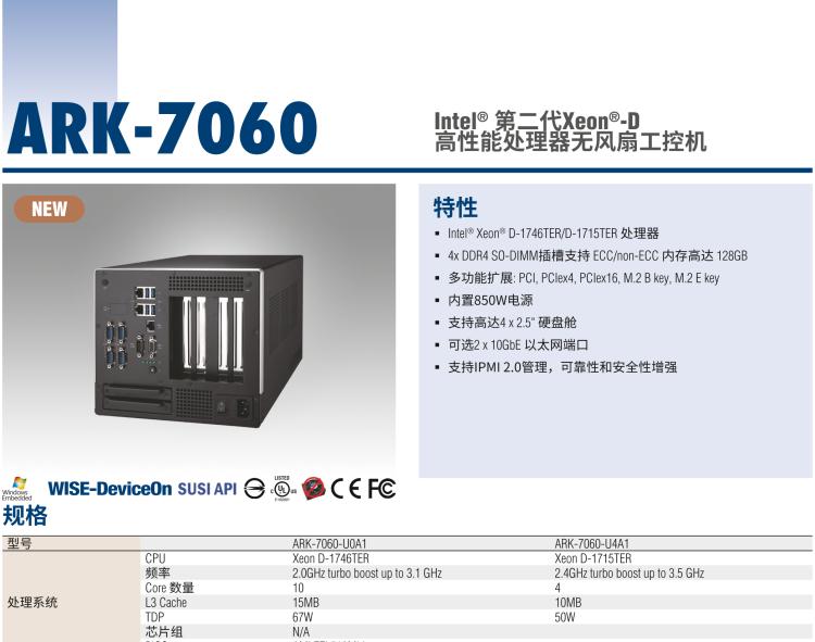 研華ARK-7060 搭載Intel二代Xeon D-1700高性能處理器系統(tǒng)，具有3個擴展插槽