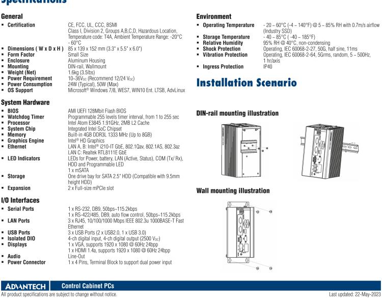 研華UNO-1372GH 通過Class I，Division 2認(rèn)證的導(dǎo)軌安裝工業(yè)控制器，搭配英特爾?凌動(dòng)?四核處理器