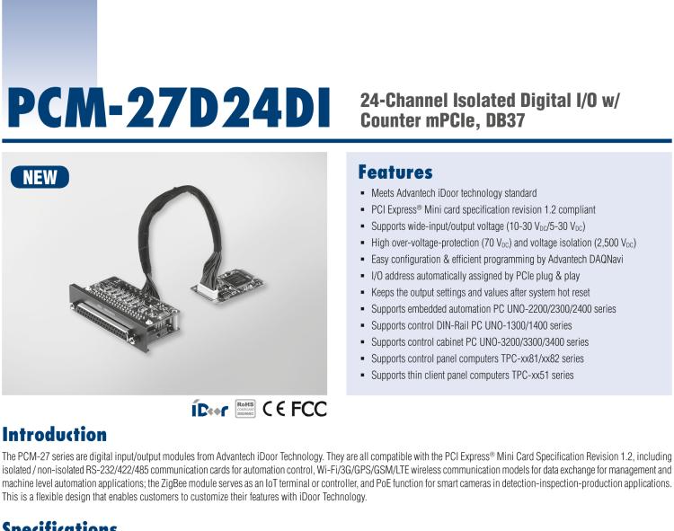 研華PCM-27D24DI 24通道隔離數(shù)字量 I/O 帶計(jì)數(shù)器 mPCIe, DB37