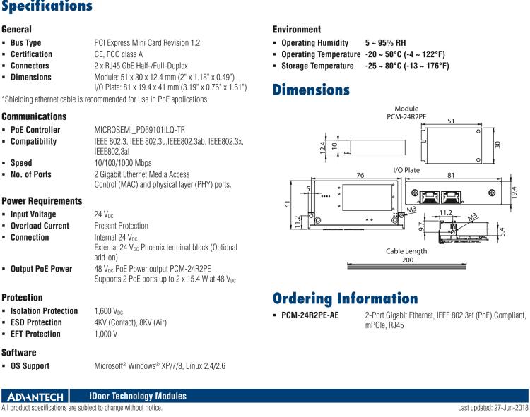 研華PCM-24R2PE 2端口千兆以太網(wǎng)，兼容IEEE 802.3af（PoE），mPCIe，RJ45