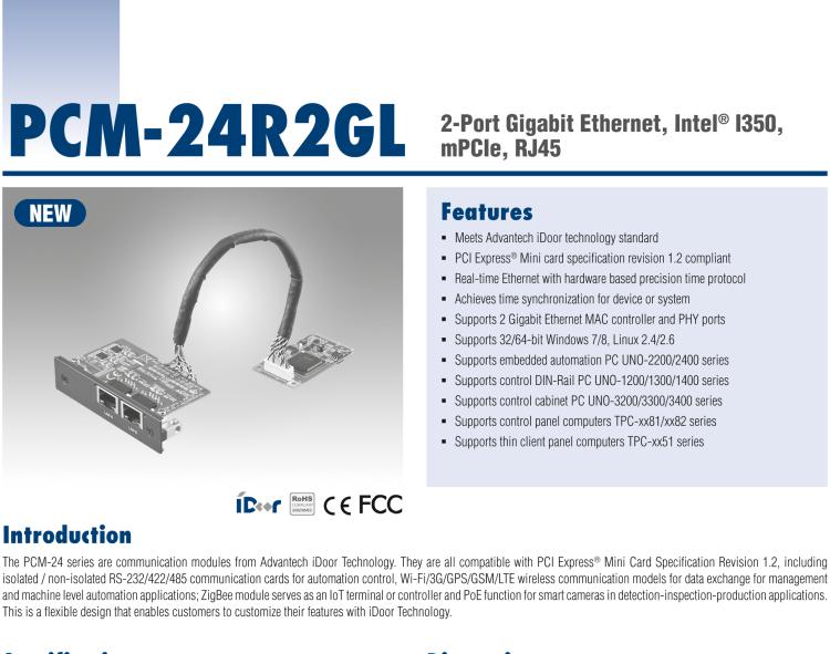 研華PCM-24R2GL 2端口千兆以太網(wǎng)，mPCIe，RJ45