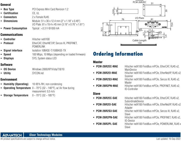 研華PCM-26R2S3 2端口 Hilscher netX100 現(xiàn)場總線 mPCIe, Sercos III, RJ45