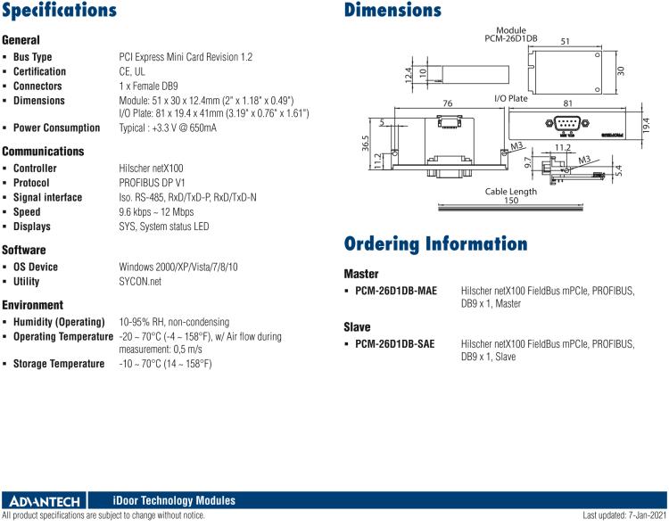 研華PCM-26D1DB 1端口 Hilscher netX100 現(xiàn)場總線 mPCIe，PROFIBUS，DB9