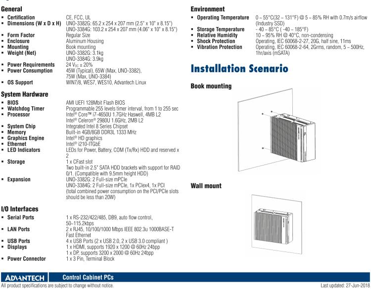 研華UNO-3382G Intel? Core? i7/Celeron控制柜PC，2 x GbE, 2 x mPCIe, HDMI/DP