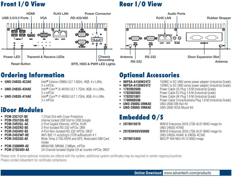 研華UNO-2483G 標準型嵌入式無風扇工業(yè)電腦，搭配Intel? Core? i7/i3/Celeron處理器，4×GbE, 3×mPCIe, HDMI/VGA