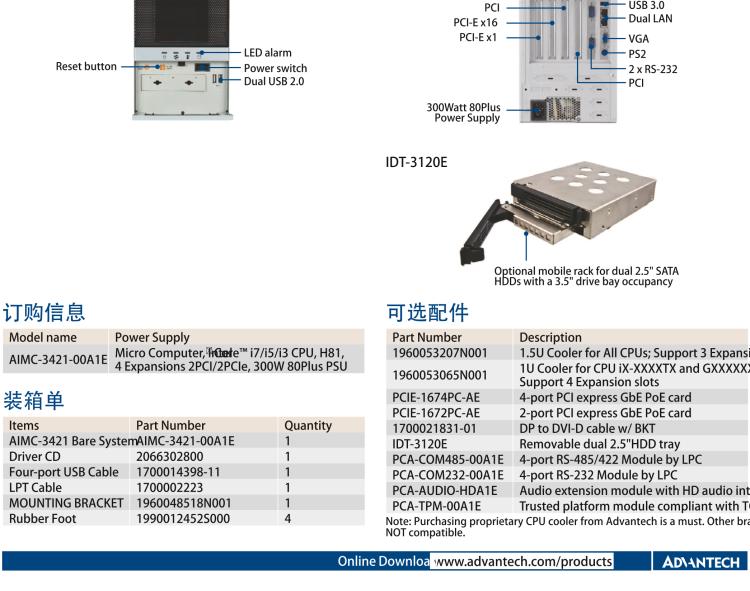 研華AIMC-3421 智能微型計(jì)算機(jī)，支持英特爾酷睿? i7/i5/i3 CPU,H81芯片組，4個(gè)擴(kuò)展槽2PCI/2PCIe,300W 80Plus 電源