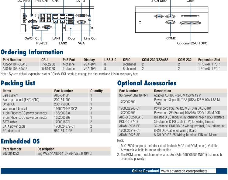 研華AIIS-5410P 無風(fēng)扇視覺系統(tǒng)，Intel Core? i 處理器，4通道 GigE PoE 相機(jī)界面和 PCIe 插槽