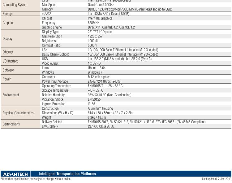 研華ARS-P2800 EN 50155 Intel? Celeron? J1900 28” 無風(fēng)扇設(shè)計之列車車輛 Panel PC