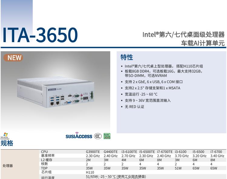 研華ITA-3650 Intel?第六/七代桌面級處理器 車載AI計算單元