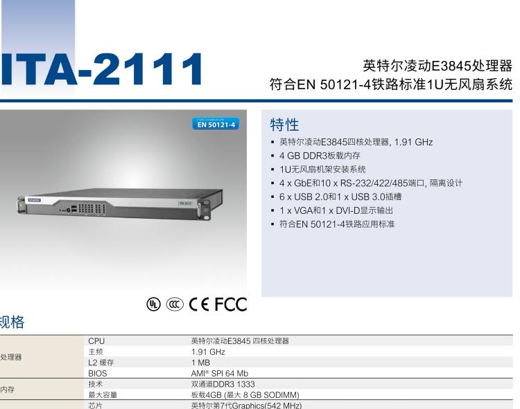 研華ITA-2111 英特爾?凌動?E3845 1U無風(fēng)扇系統(tǒng)； 符合EN 50121-4的鐵路應(yīng)用