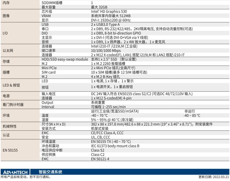 研華ITA-5231W 英特爾?第六代酷睿?i處理器無風扇系統(tǒng)；符合EN 50155的鐵路應用