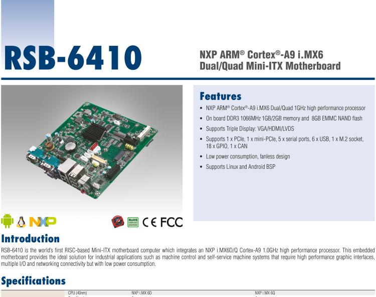 研華RSB-6410 基于NXP ARM Cortex-A9 i.MX6 Dual/Quad 的Mini-ITX工業(yè)主板， 支持Linux Yocto/Android