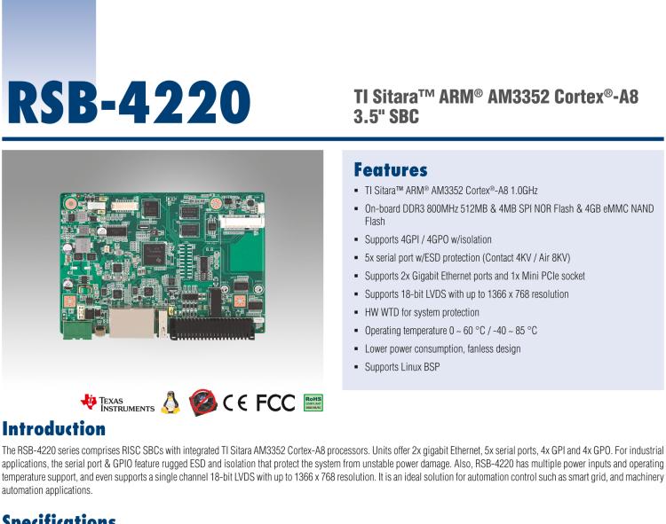 研華RSB-4220 基于TI AM3352 Cortex-A8 的3.5寸單板，寬溫、低功耗、無風扇設計