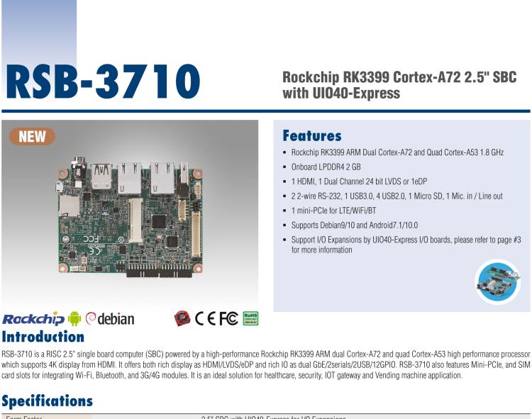 研華RSB-3710 Rockchip RK3399 Cortex-A72 2.5" 單板電腦，帶 UIO40-Express擴(kuò)展