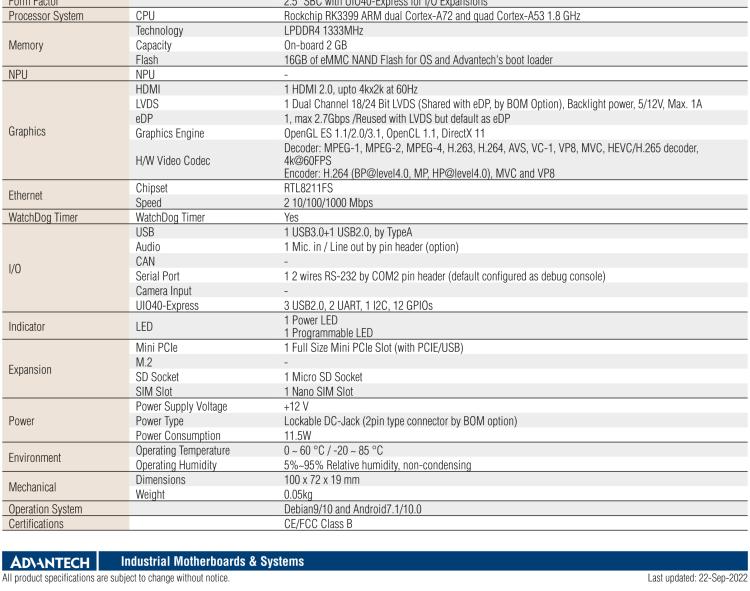 研華RSB-3710 Rockchip RK3399 Cortex-A72 2.5" 單板電腦，帶 UIO40-Express擴(kuò)展