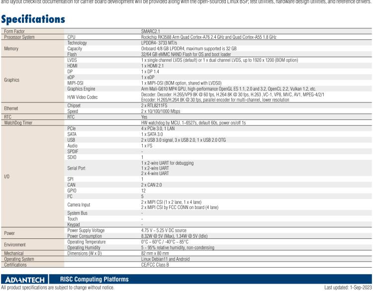 研華ROM-6881 基于瑞芯微RK3588平臺(tái)的全尺寸SMARC2.1核心模塊