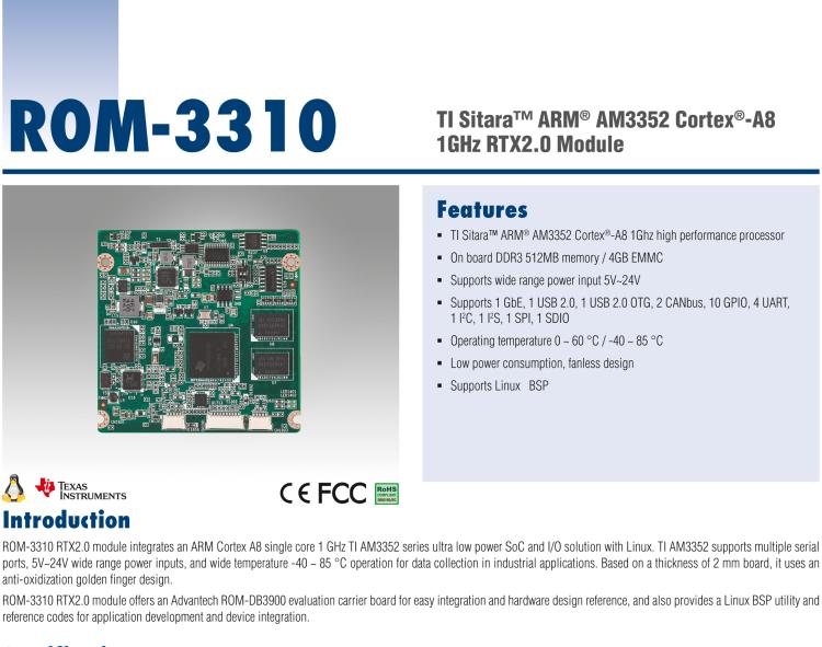 研華ROM-3310 基于TI AM3352 Cortex A8 1GHz RTX 2.0 的標(biāo)準(zhǔn)核心板，適用于寬溫抗震等工業(yè)自動(dòng)化領(lǐng)域