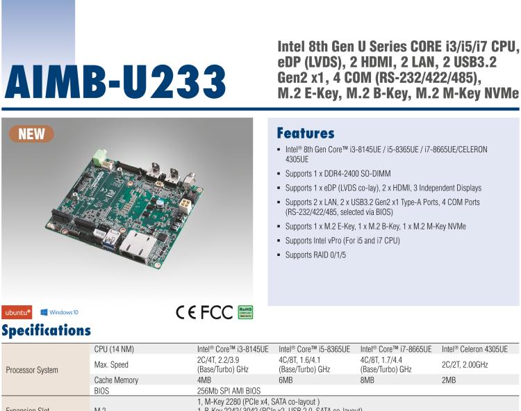 研華AIMB-U233 板載Intel 第8代 U系列 Core i3/i5/i7 處理器。低功耗高性能，無風(fēng)扇設(shè)計。