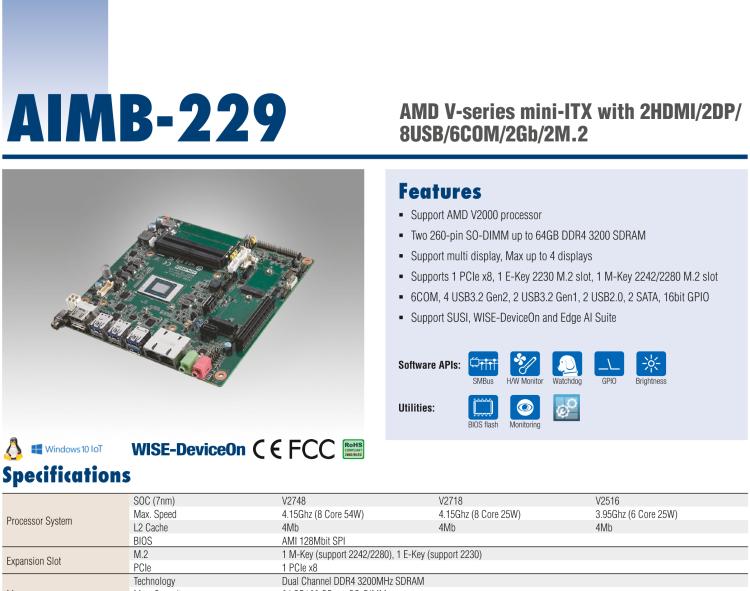 研華AIMB-229 板載AMD V2000系列8核/16線程CPU。視頻圖像處理性能強(qiáng)勁，接口豐富，超薄緊湊設(shè)計(jì)。