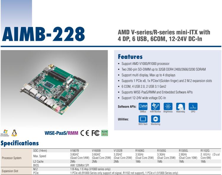 研華AIMB-228 板載AMD V系列/R系列處理器。超薄設(shè)計(jì)，支持寬壓，廣泛應(yīng)用在圖像處理、醫(yī)療影像等行業(yè)上。