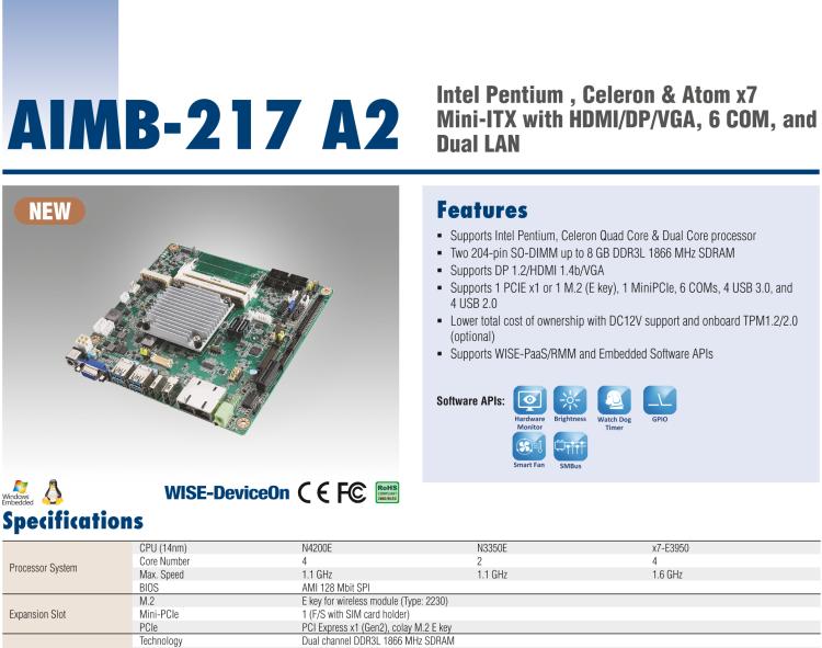 研華AIMB-217 板載Intel? 第6代 奔騰、賽揚、凌動系列處理器。擁有多COM和雙千兆網(wǎng)口，超薄緊湊，無風扇設計，支持寬溫。