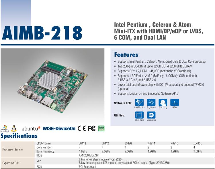 研華AIMB-218 板載Intel? 第8代 奔騰/賽揚/凌動系列處理器。支持獨立三顯，超薄緊湊，無風扇設(shè)計，支持寬溫。