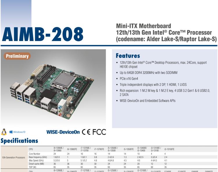 研華AIMB-208 適配Intel 第12/13代 Core i/奔騰系列處理器，搭載H110芯片組。高性價(jià)比，擁有豐富的擴(kuò)展接口，通用性強(qiáng)，穩(wěn)定可靠。