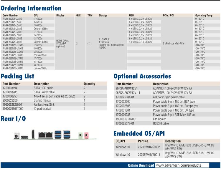 研華AIMB-232 板載Intel? 第6/7代 Core? i/賽揚(yáng) 處理器。超薄設(shè)計，無風(fēng)扇設(shè)計，支持寬溫。