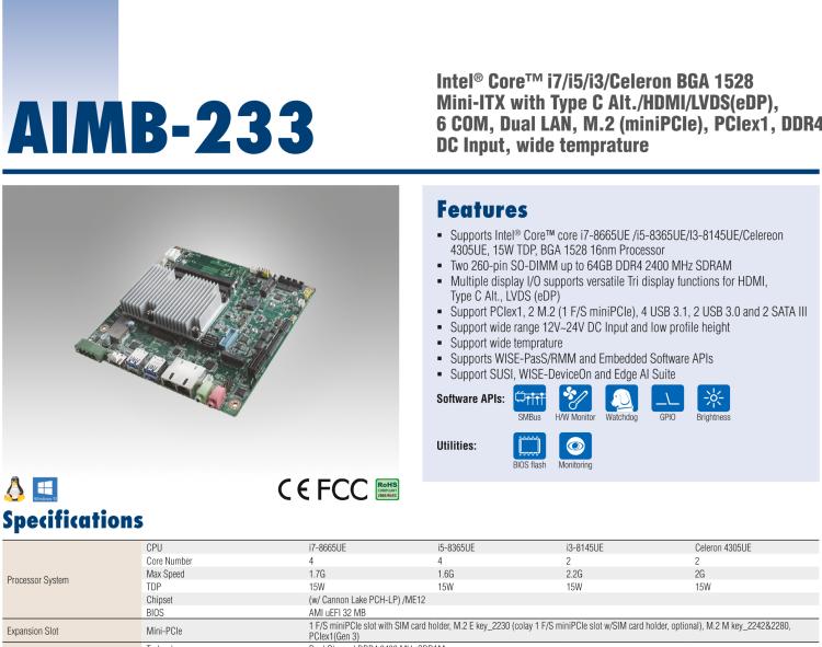 研華AIMB-233 板載Intel? 第8代 Core i 處理器。擁有Type C接口，滿足各類(lèi)擴(kuò)展需求。低功耗，超薄緊湊，無(wú)風(fēng)扇設(shè)計(jì)，支持寬溫寬壓，性能強(qiáng)勁。