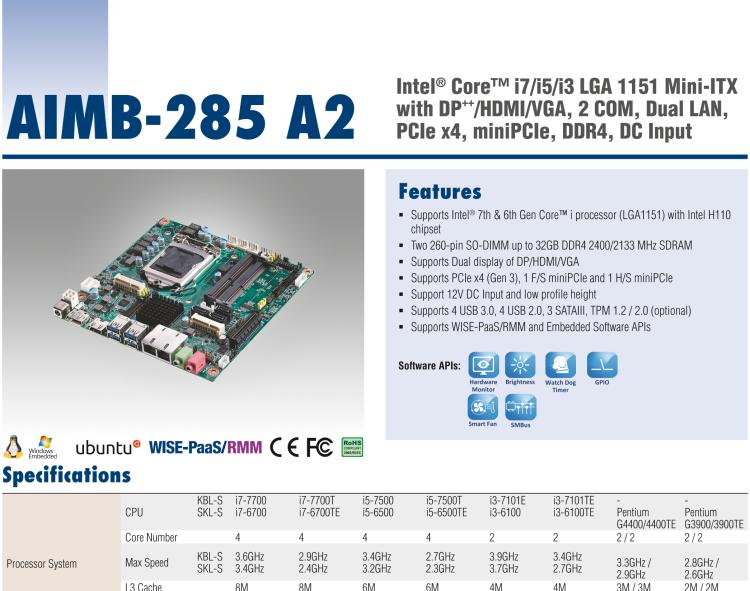研華AIMB-285 適配Intel? 第6/7代 Core? i 處理器，搭載H110芯片組。超薄緊湊，是理想的高性價(jià)比解決方案。