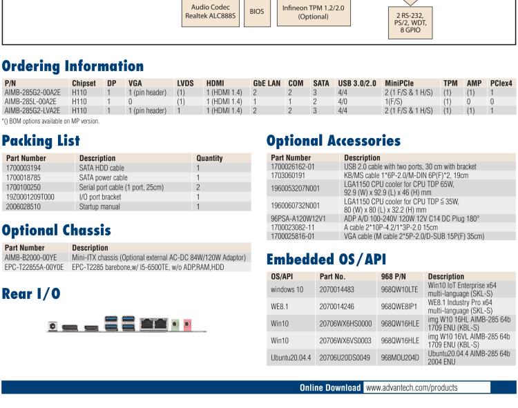 研華AIMB-285 適配Intel? 第6/7代 Core? i 處理器，搭載H110芯片組。超薄緊湊，是理想的高性價(jià)比解決方案。