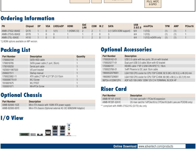 研華AIMB-275 適配Intel? 第6/7代 Core? i 處理器，搭載Intel Q170/H110芯片組。性能強勁，接口豐富。