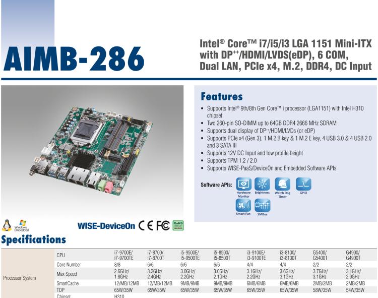 研華AIMB-286 Intel? 第8/9代 Core? i 系列處理器，搭載Intel H310芯片組。超薄設(shè)計(jì)，結(jié)構(gòu)緊湊。