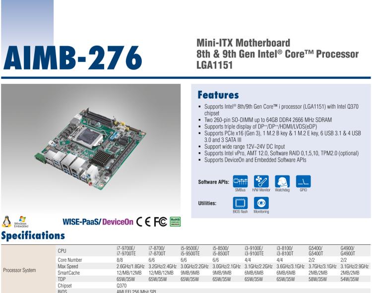 研華AIMB-276 適配Intel 第8/9代 Core?i7/i5/i3 處理器，搭載Q370芯片組。超高性能，是邊緣計算、AI視頻檢測等理想解決方案。