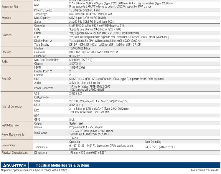 研華AIMB-276 適配Intel 第8/9代 Core?i7/i5/i3 處理器，搭載Q370芯片組。超高性能，是邊緣計算、AI視頻檢測等理想解決方案。