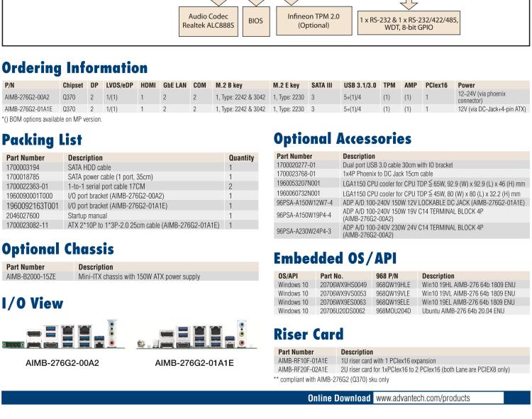 研華AIMB-276 適配Intel 第8/9代 Core?i7/i5/i3 處理器，搭載Q370芯片組。超高性能，是邊緣計算、AI視頻檢測等理想解決方案。