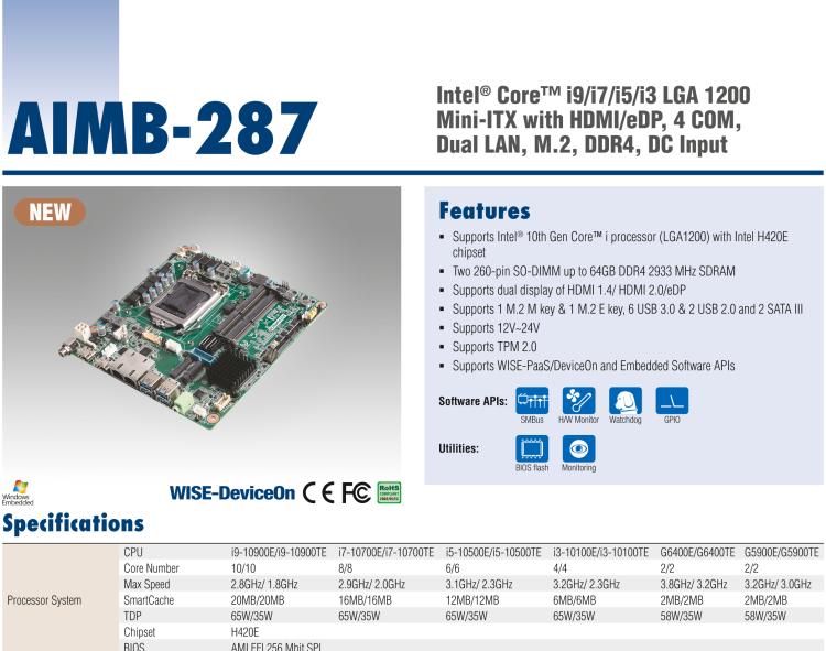 研華AIMB-287 適配Intel? 第10代 Core? i 系列處理器，搭載H420E芯片組。超薄設(shè)計(jì)，性能強(qiáng)勁。