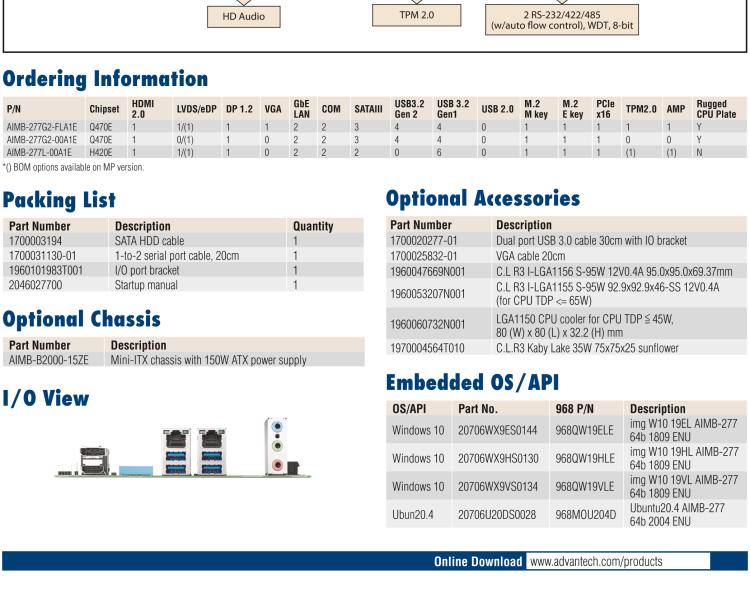 研華AIMB-277 適配Intel? 第10代 Core? i 系列處理器，搭載Q470E芯片組。性能強(qiáng)勁，適用于高端應(yīng)用領(lǐng)域。