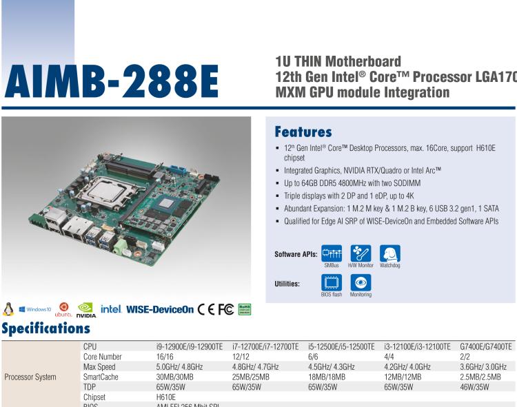 研華AIMB-288E 板載Intel 第12代 Core i 桌面級(jí)CPU。橫向顯卡插槽，搭配NVIDIA Quadro T1000 MXM顯卡。超薄散熱設(shè)計(jì)，高性能選擇方案。