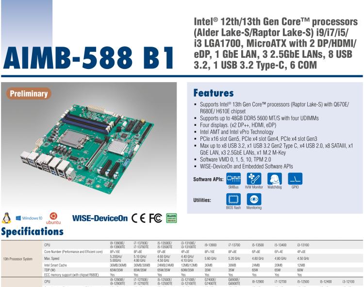 研華AIMB-588B1 適配Intel 第12/13代 Core i/奔騰系列處理器，搭載Q670E/R680E/H610E芯片組。性能可達服務器級別，獨立四顯，具備專業(yè)的圖像處理能力，是理想的行業(yè)解決方案。