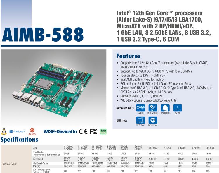 研華AIMB-588 適配Intel 第12代 Core i 系列處理器，搭載Q670E/ R680E/ H610E芯片組。高性能可達(dá)服務(wù)器級(jí)別高端產(chǎn)品，獨(dú)立四顯，專業(yè)的圖像處理能力，是理想的行業(yè)解決方案。