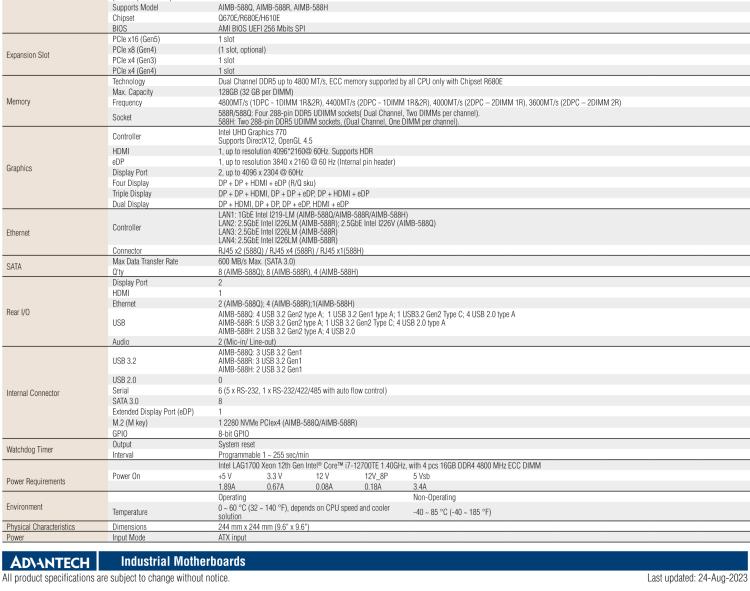 研華AIMB-588 適配Intel 第12代 Core i 系列處理器，搭載Q670E/ R680E/ H610E芯片組。高性能可達(dá)服務(wù)器級(jí)別高端產(chǎn)品，獨(dú)立四顯，專業(yè)的圖像處理能力，是理想的行業(yè)解決方案。