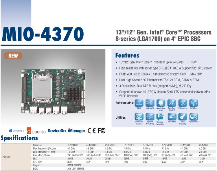 研華MIO-4370 基于第12代Intel Core處理器（Alder Lake-S系列，LGA1700 socket CPU）， 4" EPIC 單板電腦