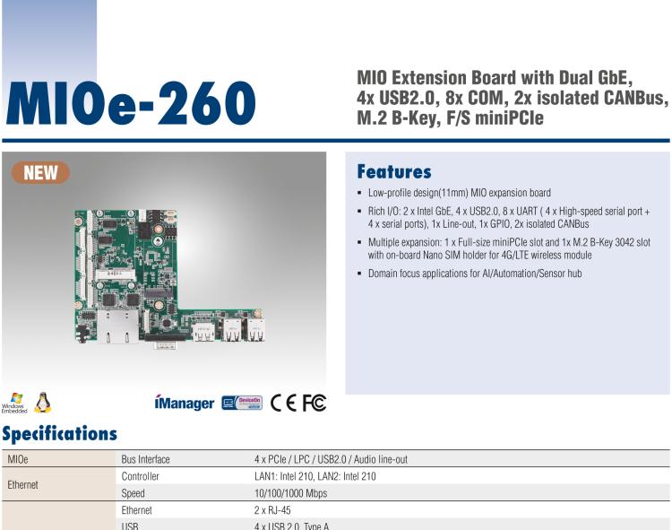 研華MIOe-260 M.2 B-key，高速 miniPCIe，雙Intel LAN，4個USB2.0、8個COM