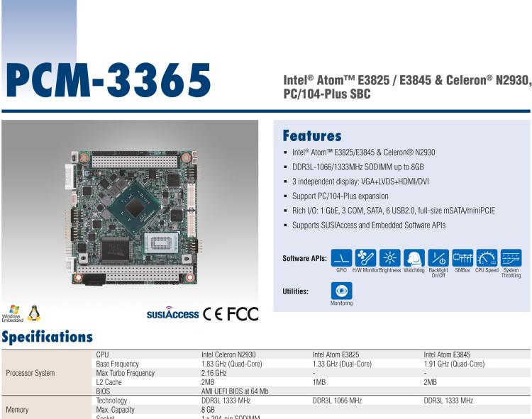 研華PCM-3365 英特爾第四代凌動?Atom?E3825 / E3845＆賽揚?N2930，PC / 104-Plus嵌入式主板，ISA，VGA，HDMI / DVI，LVDS，6 USB，mSATA或板載SSD