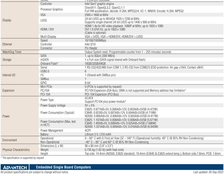 研華PCM-3365 英特爾第四代凌動?Atom?E3825 / E3845＆賽揚?N2930，PC / 104-Plus嵌入式主板，ISA，VGA，HDMI / DVI，LVDS，6 USB，mSATA或板載SSD